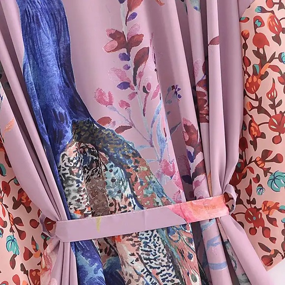Boho Silky Long Robe Belted Bohemian Oversized duster long dressy floral Kimono - Picture 3 of 3